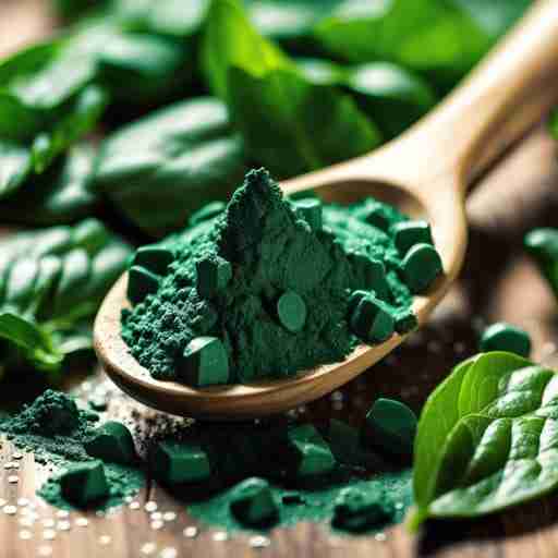 Produzione e coltivazione della spirulina: Guida completa Close-up di spirulina in polvere e compresse su un cucchiaio di legno, con foglie fresche di spinaci sullo sfondo per un contrasto di colore e nutrizione