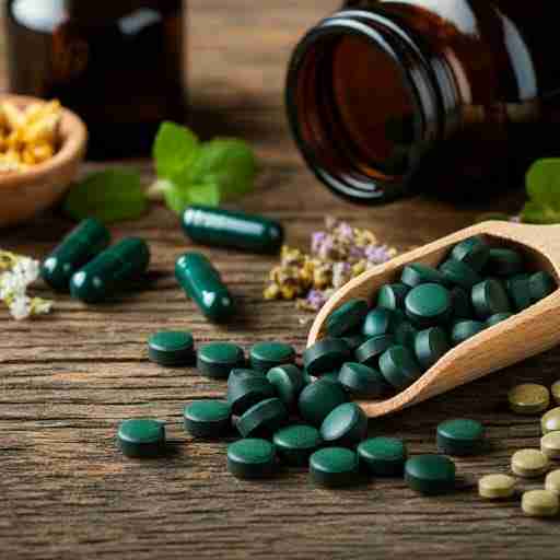 Rimedi Naturali a Base di Spirulina Vari integratori naturali ed erbe con compresse di spirulina ben visibili