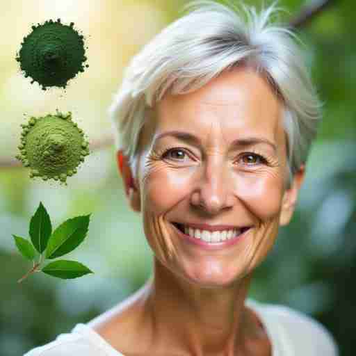 Spirulina come Anti-Age Naturale: Una donna anziana che sorride con una morbida luminosità sul viso, che rappresenta una pelle giovane e soda, circondata da elementi naturali come polvere di spirulina, foglie verdi e luce solare, per trasmettere le proprietà antietà della spirulina.