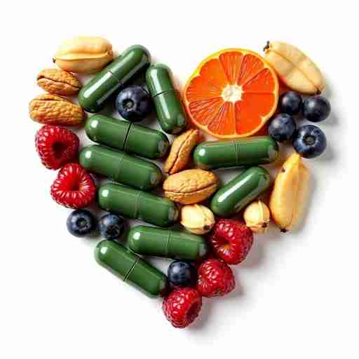 Spirulina e Altre Sostanze Benefiche per il Cuore Una composizione di capsule di spirulina, capsule di omega-3, frutti ricchi di antiossidanti e noci, disposti in modo da formare la silhouette di un cuore.