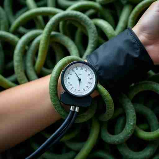 Spirulina e Ipertensione: Un Focus Approfondito Un braccio con un misuratore di pressione, circondato da spirali di spirulina che sembrano 'abbassare' l'indicatore della pressione sanguigna