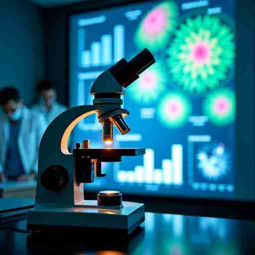 Spirulina e Salute Cardiovascolare: Cosa Dice la Ricerca? Un microscopio che osserva cellule di spirulina, con grafici e diagrammi scientifici proiettati sullo sfondo, rappresentanti i risultati della ricerca.
