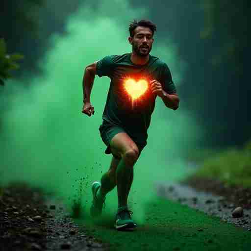 Spirulina e Sport: Benefici per gli Atleti e la Salute del Cuore Un atleta in corsa con un cuore luminoso visibile nel petto, circondato da una scia di polvere di spirulina che simboleggia energia e resistenza.