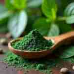 Spirulina e sistema immunitario: Boost naturale per il benessere: Close-up di spirulina in polvere su un cucchiaio di legno con sfondo sfocato di foglie verdi, simboleggiando salute e natura