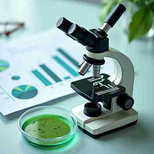 Spirulina e sistema immunitario: prospettive future e ricerca Immagine di un microscopio con una capsula di Petri contenente spirulina, affiancato da grafici e dati scientifici stilizzati
