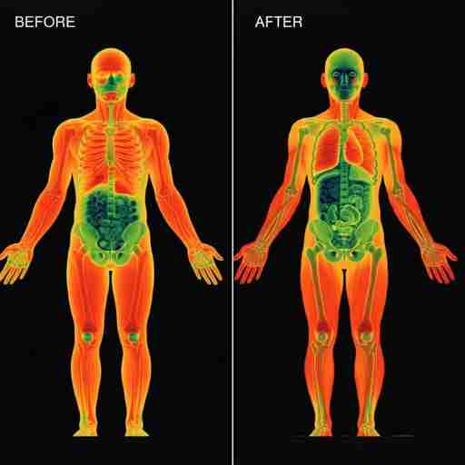 Spirulina e termogenesi: come l'alga blu accelera il metabolismo Immagine termica di due corpi umani, uno prima e uno dopo l'assunzione di spirulina, che mostra un aumento dell'attività metabolica