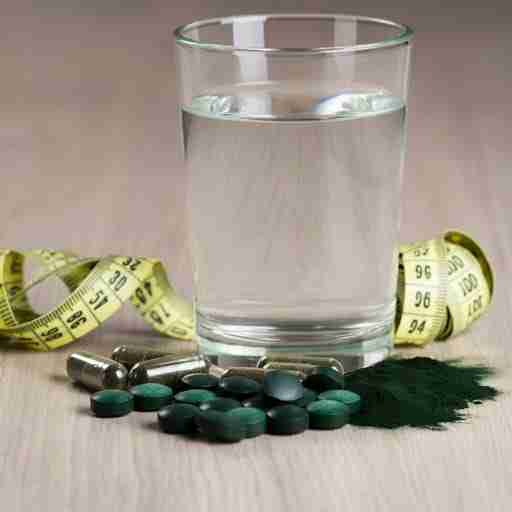 Spirulina per dimagrire: l'alga miracolosa che accelera il metabolismo Capsule e compresse di spirulina disposte accanto a un bicchiere d'acqua e un metro da sarta, su una superficie di legno chiaro