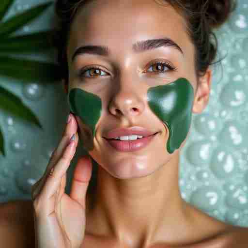 Spirulina per idratare la pelle: Uno scatto dettagliato della crema idratante alla spirulina applicata sulla pelle. Il focus è sulle mani e sul viso di chi applica la crema, con uno sfondo caratterizzato da gocce d'acqua o un ambiente simile a una spa per evocare idratazione e freschezza.