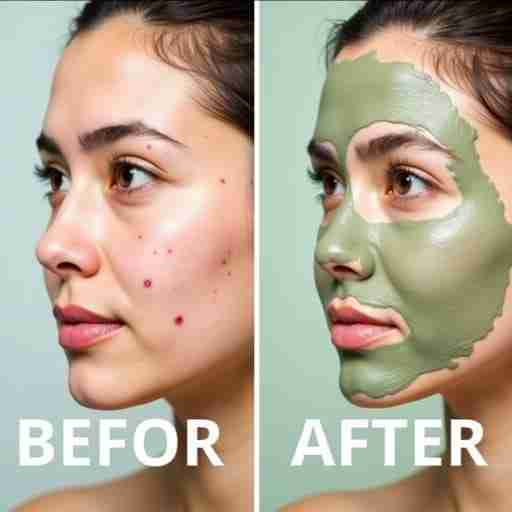 Spirulina per l'Acne: Un confronto prima e dopo del viso di una persona affetta da acne, in cui l'immagine "dopo" mostra un miglioramento significativo dopo l'uso di una maschera facciale a base di spirulina. Concentrati sulla pelle pulita e chiara nell'immagine "dopo", con la maschera verde alla spirulina sullo sfondo.