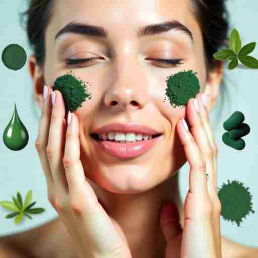 Spirulina per l'elasticità della pelle: Un primo piano del viso di una donna che tira delicatamente la pelle per dimostrarne l'elasticità. Intorno a lei ci sono rappresentazioni visive di collagene e spirulina, come polvere verde o integratori di spirulina, per evidenziare la connessione tra spirulina e compattezza della pelle.