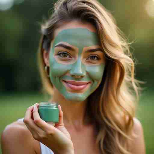 Spirulina per la pelle: Un Superfood per la Salute e la Bellezza: Una donna serena e giovane con una pelle luminosa e radiosa che tiene in mano un vasetto di maschera viso alla spirulina in un ambiente naturale all'aperto. L'immagine dovrebbe concentrarsi sulla sua pelle chiara, con la luce che si riflette dolcemente sul suo viso, a simboleggiare i naturali benefici antietà e di miglioramento della pelle della spirulina.
