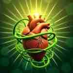Spirulina salute cardiovascolare: Scopri i segreti vitali Un cuore umano stilizzato circondato da spirali di spirulina verde brillante, con raggi di luce che emanano dal cuore, simboleggiando salute e vitalità
