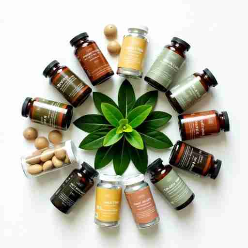 Spirulina vs Altri Integratori per la Salute Cardiovascolare: Un Confronto Una serie di bottiglie di integratori disposte in cerchio, con la spirulina al centro, più grande e luminosa, a simboleggiare la sua completezza nutrizionale.