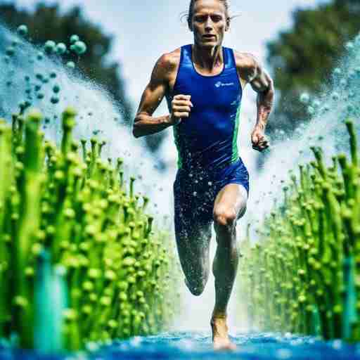 Spirulina vs altre alghe superfood. Atleta in azione corridore con una sovrapposizione grafica che mostra le molecole di ficocianina e altri nutrienti delle alghe che 'alimentano' il corpo