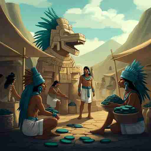 Storia e Origini della Spirulina nella Medicina Ancestrale Scena dell'antico mercato azteco con persone che commerciano torte alla spirulina