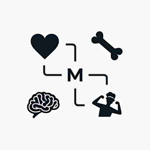 Benefici del Magnesio per la Salute: Una serie di icone che rappresentano cuore, ossa, cervello e muscoli, collegate al simbolo del magnesio.