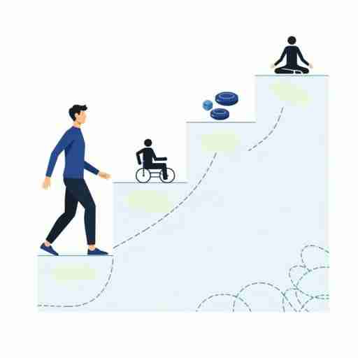 Come combattere lo stress con gli integratori: Infografica a passi che mostra una persona che progredisce da stressata a rilassata, con icone di integratori, esercizio fisico e meditazione