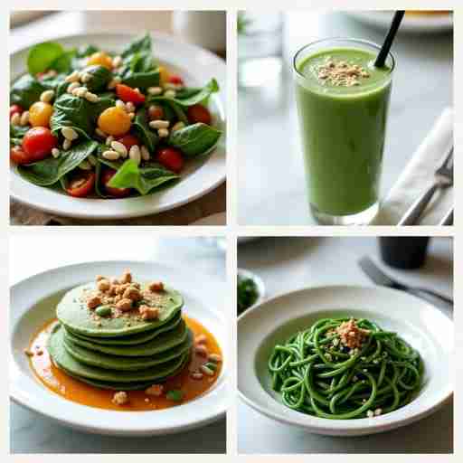 Conclusione: Spirulina, un Superfood: "Un'immagine composita che mostra diversi piatti con spirulina: un'insalata, un smoothie, dei pancake verdi e un piatto di pasta, disposti in modo invitante su un tavolo ben apparecchiato."
