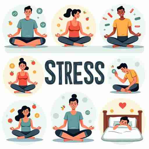 Conclusione: approccio integrato per una vita meno stressante: Mosaico di immagini che rappresentano vari aspetti della gestione dello stress: integratori, meditazione, esercizio, alimentazione sana, e sonno ristoratore