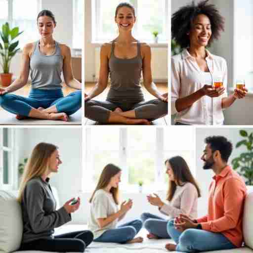 Conclusioni: un approccio integrato per gestire lo stress: Immagine composita che mostra diverse strategie anti-stress: persona che medita, che fa esercizio, che assume integratori e che interagisce socialmente, tutto unito in un collage armonioso