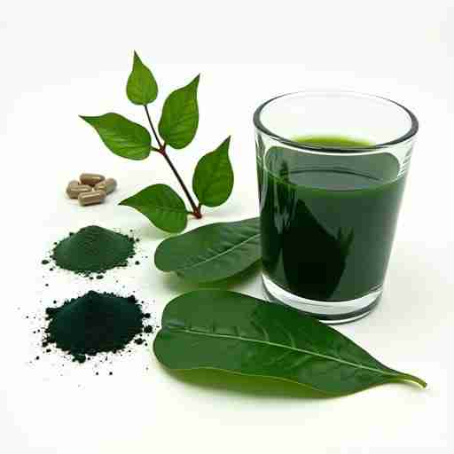 Cos'è la Spirulina e Perché Usarla nelle Ricette: "Diverse forme di spirulina (polvere, compresse, capsule) disposte artisticamente accanto a un bicchiere d'acqua con spirulina e una foglia di alga spirulina fresca."