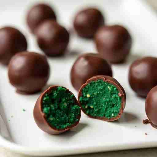Dolci con Spirulina: "Un vassoio di energy balls al cioccolato e spirulina, alcune tagliate a metà per mostrare l'interno verde intenso."