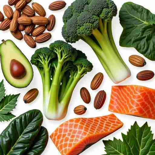 Fonti Alimentari di Magnesio: Un collage colorato di alimenti ricchi di magnesio come noci, verdure a foglia verde, avocado e pesce.