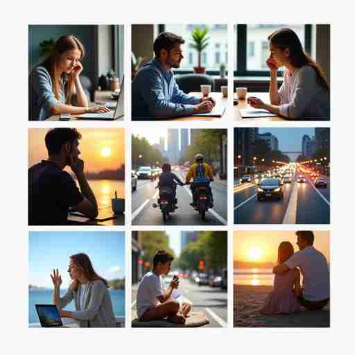 Integratori contro lo stress: Guida completa alle soluzioni naturali per il benessere mentale Collage di immagini che mostrano situazioni stressanti quotidiane (lavoro, studio, traffico) contrapposte a immagini di relax e benessere