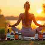 Integratori contro lo stress: Scopri il benessere autentico: Una persona serena che pratica yoga all'aperto, circondata da piante medicinali e flaconi di integratori naturali, con un tramonto rilassante sullo sfondo