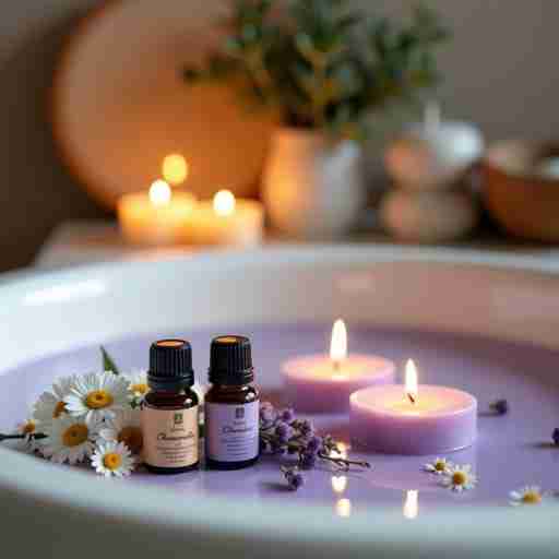 Integratori naturali per ridurre lo stress: approccio olistico: Scena rilassante di un bagno caldo con candele alla lavanda, fiori di camomilla e flaconi di oli essenziali