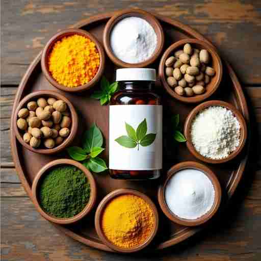 Integratori naturali per ridurre lo stress: le opzioni più efficaci Disposizione artistica di erbe e integratori naturali come ashwagandha, rodiola, magnesio e L-teanina su uno sfondo di legno rustico