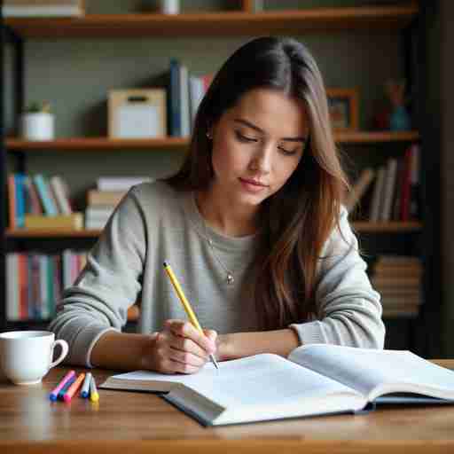 Integratori per lo stress da esame: Studente concentrato che studia con libri aperti, evidenziatori e una tazza di tè alle erbe, con integratori per la memoria in primo piano
