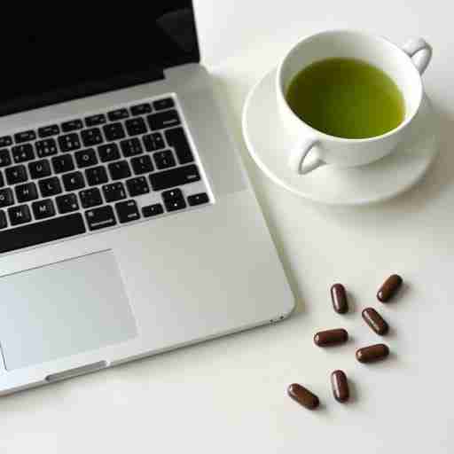 Integratori per lo stress da lavoro: Scrivania d'ufficio ordinata con laptop, tazza di tè verde, e integratori per la concentrazione disposti in modo invitante