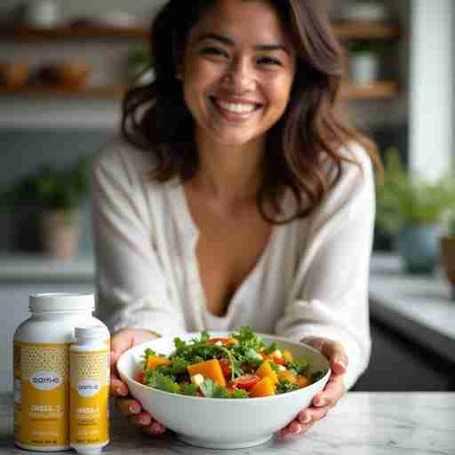Integratori per lo stress e miglioramento dell'umore: Persona sorridente che tiene in mano una ciotola di insalata colorata ricca di omega-3, con integratori di SAM-e e probiotici in primo piano