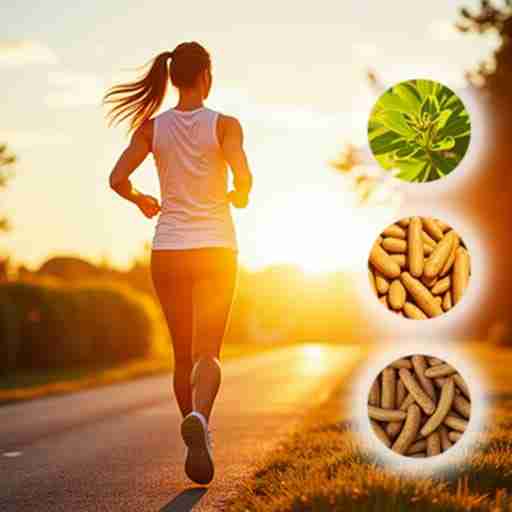 Integratori per lo stress e stanchezza: Persona energica che corre all'aperto, con il sole che sorge e immagini sovrapposte di Coenzima Q10, Rhodiola e Ginseng