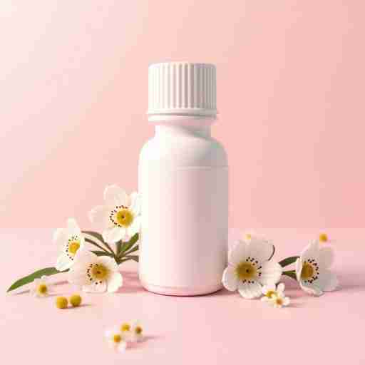 Integratori per lo stress premestruale: Immagine delicata di fiori di vitex agnus-castus, olio di enotera e una confezione di calcio su uno sfondo sfumato nei toni del rosa