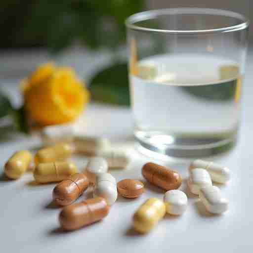 Integrazione di Magnesio: Quando e Come: Vari tipi di integratori di magnesio disposti su un tavolo con un bicchiere d'acqua.