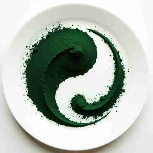 Interazioni e Controindicazioni della Spirulina: "Un piatto bianco con polvere di spirulina che forma il simbolo yin-yang, rappresentando l'equilibrio tra benefici e rischi"