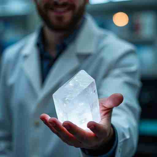 Magnesio: Minerale Essenziale per la Salute: Una persona che tiene in mano un grande cristallo di magnesio, con sfondo sfocato di un laboratorio scientifico.