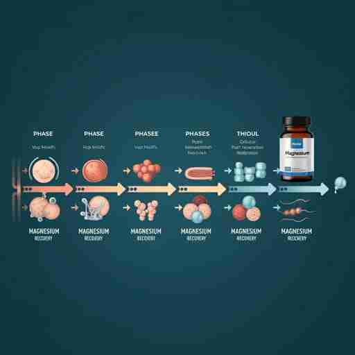 Magnesio e Recupero Post-Competizione Cronologia che mostra le fasi di recupero post-gara, con particolare attenzione al ruolo del magnesio nella rigenerazione cellulare e nel ripristino dell'energia