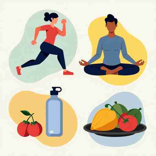 Magnesio e stile di vita: Un collage di immagini che mostrano esercizio fisico, meditazione, una bottiglia d'acqua e alimenti sani.