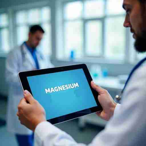 Magnesio nella Medicina Moderna: Un'immagine di un medico che tiene una tavoletta con informazioni sul magnesio, in uno sfondo ospedaliero sfocato.