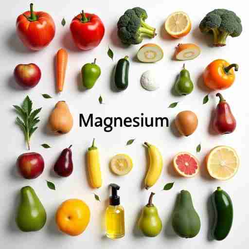 Magnesio per Atleti: Il Segreto per Potenziare le Prestazioni Sportive Varie fonti di alimenti ricchi di magnesio disposte attorno agli integratori sportivi, composizione luminosa e pulita