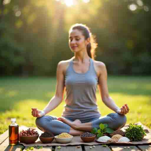 Perché la gestione dello stress con integratori naturali: Persona serena che pratica yoga all'aperto, con diverse erbe e integratori naturali in primo piano