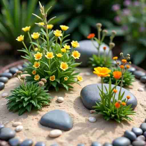 Piante per combattere lo stress: Giardino zen in miniatura con piante medicinali come melissa, escolzia e rodiola, disposte artisticamente tra sassi e sabbia rastrellata