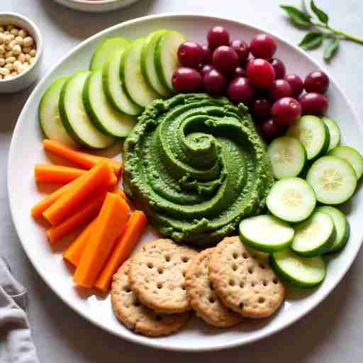 Ricette Salate con Spirulina: "Un piatto di hummus verde alla spirulina, servito con verdure crude colorate e cracker integrali."