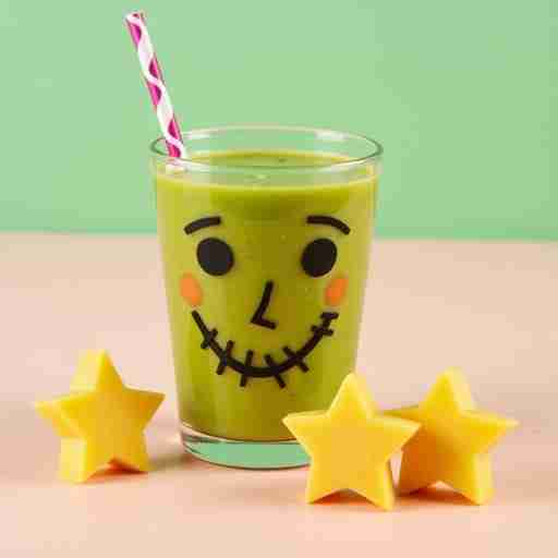 Ricette per Bambini con Spirulina: "Un frullato 'supereroe verde' servito in un bicchiere divertente con una faccia disegnata, accanto a frutta fresca tagliata a forme di stelle."