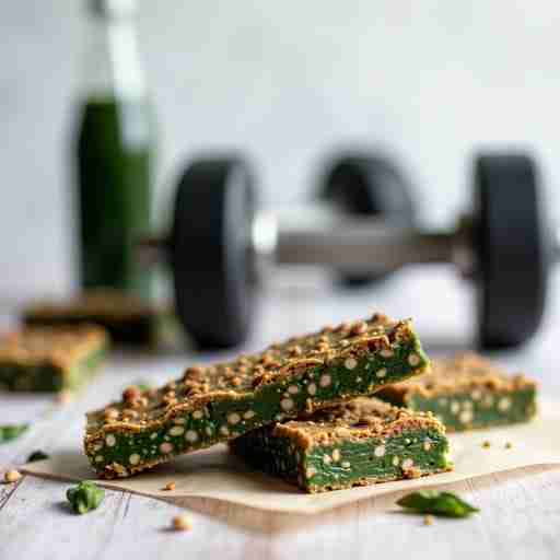 Ricette per Sportivi con Spirulina: "Una composizione di barrette energetiche fatte in casa con spirulina, una bottiglia d'acqua e un paio di manubri sullo sfondo."