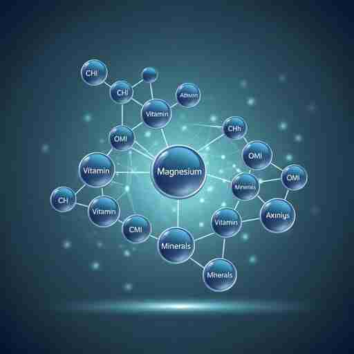 Sinergie del Magnesio con Altri Nutrienti Diagramma di rete dinamico che mostra le interazioni dei nutrienti, con il magnesio al centro e le linee di collegamento a varie vitamine e minerali, in stile scientifico