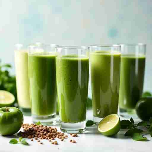 Smoothie con Spirulina: "Una serie di bicchieri alti riempiti con smoothie di diversi toni di verde, dal chiaro allo scuro, con ingredienti freschi sparsi intorno."